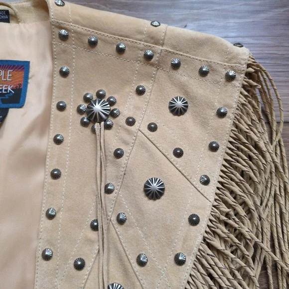 Cripple Creek Vest Tan Leather Fringe Studded Western Capelet Poncho Festival OS - Picture 3 of 14